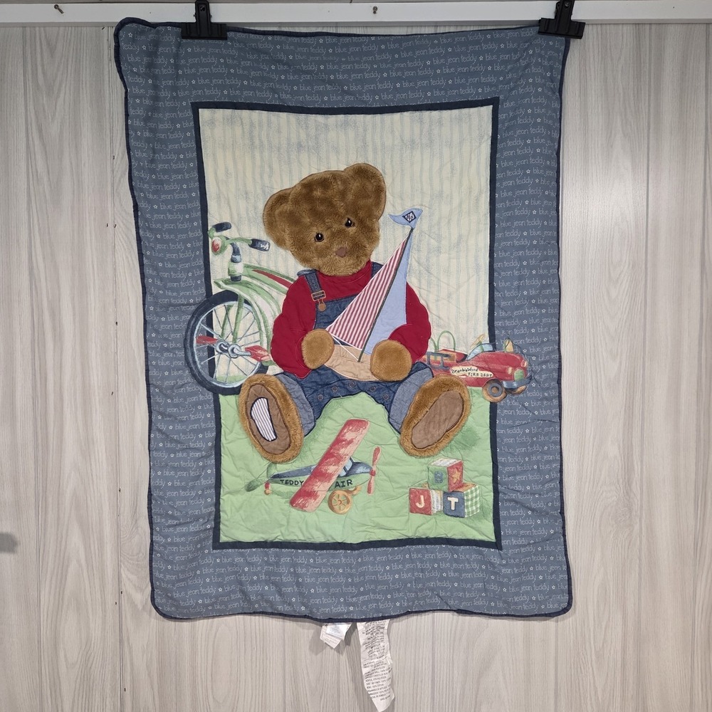 Blue Jean Teddy Bear Crib Quilt Toys Holding Sail Boat Baby Blanket Bike Vtg
